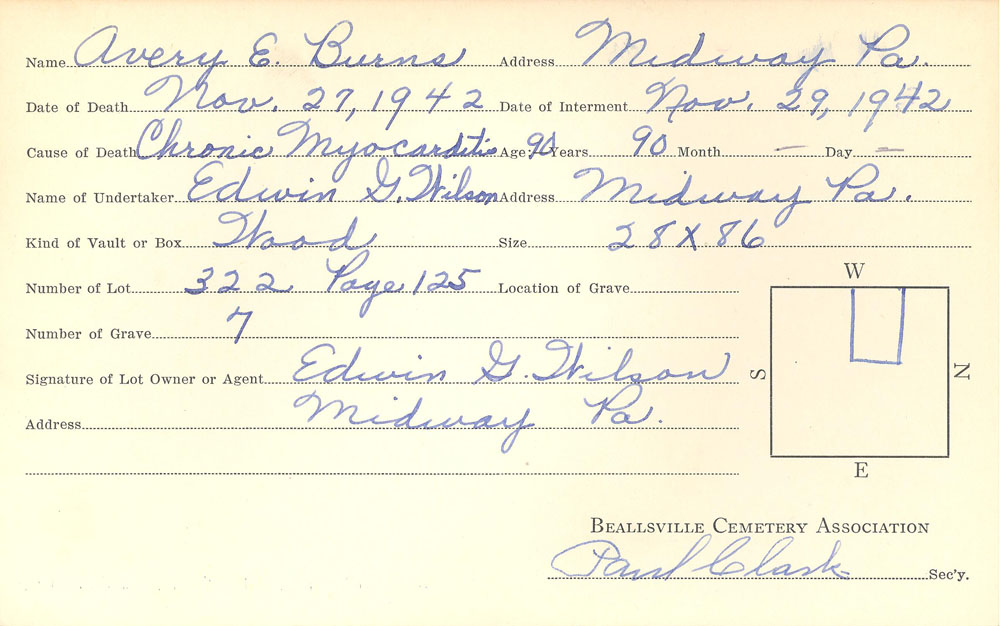 Avery E. Burns burial card